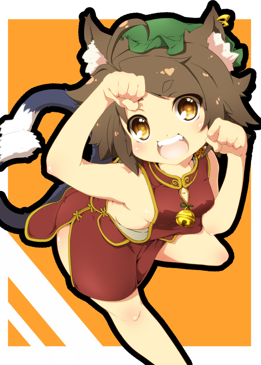 ahoge animal_ears bell brown_eyes brown_hair cat_ears cat_tail chen earrings haruyonoto hat heart heart-shaped_pupils highres jewelry jingle_bell multiple_tails no_bra open_mouth paw_pose solo symbol-shaped_pupils tail touhou yellow_eyes