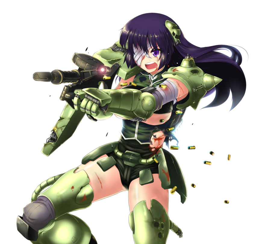 bandage bandages blood breasts butter-t casing_ejection eyepatch gun gundam injury large_breasts long_hair mecha_musume mobile_suit_gundam open_mouth personification purple_eyes purple_hair scrape shell_casing shiny shiny_skin simple_background solo tears torn_clothes under_boob underboob violet_eyes weapon zaku_ii_f/j