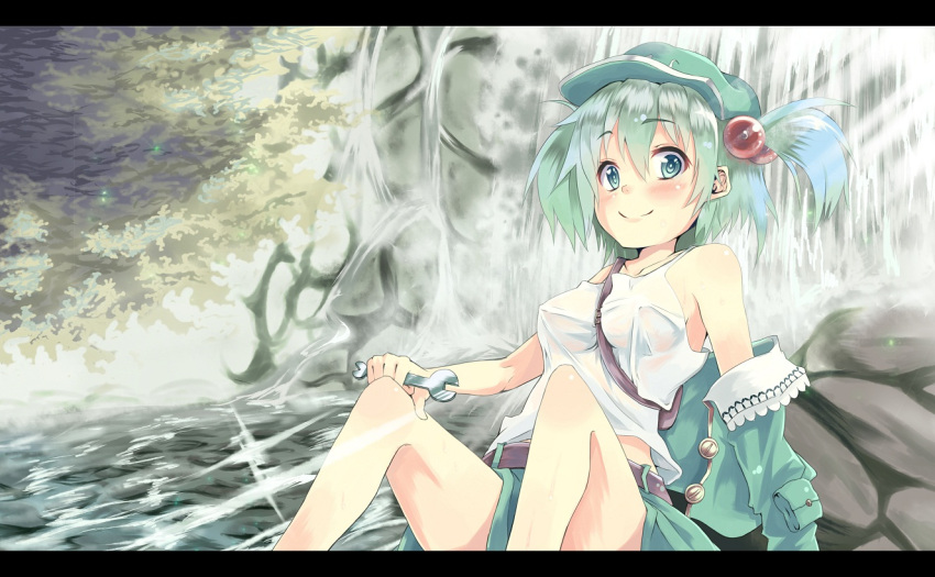 belt blue_eyes blue_hair blush breasts hair_bobbles hair_ornament hat kawashiro_nitori letterboxed nyafu_(moai_lion) off_shoulder see-through short_hair smile solo tank_top touhou twintails wrench