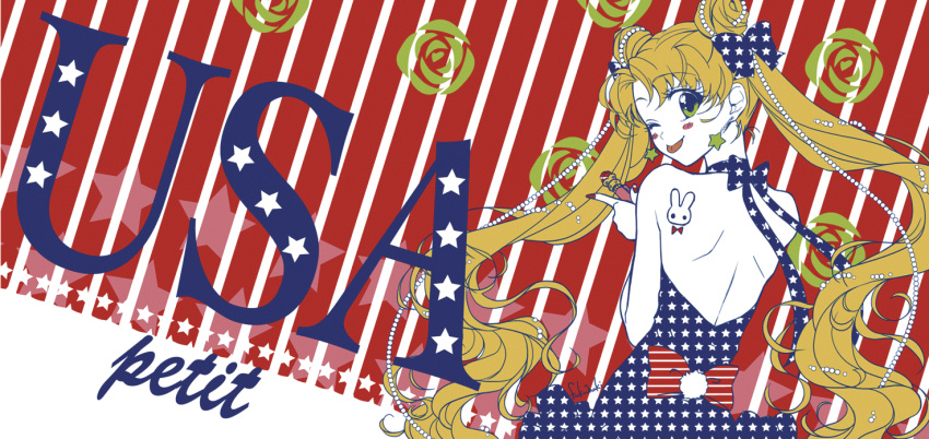 ;p america back bad_id bare_shoulders bishoujo_senshi_sailor_moon blush_stickers bow bowtie bunny earrings feet fukumaki_neco green_eyes hair_bow hair_ribbon jewelry long_hair looking_back muted_color muted_colors pearl rabbit ribbon soles solo star tattoo tongue tsukino_usagi twintails wink