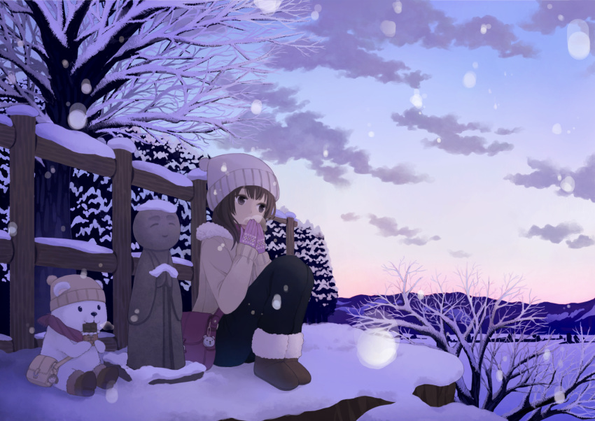 boots brown_eyes brown_hair fujino_iro gloves hat jacket jizou original scarf sitting snow winter