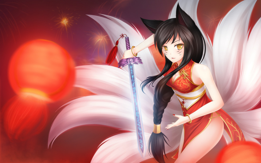 ahri ahri_(league_of_legends) animal_ears bare_shoulders black_hair bracelet braid breasts china_dress chinese_clothes chinese_dress cleavage dress facial_mark fireworks fox_ears fox_tail foxgirl highres jewelry kerasu league_of_legends long_hair looking_at_viewer moonflair_spellblade multiple_tails nail_polish nopan payot single_braid sleeveless sleeveless_dress smile solo sword tail weapon yellow_eyes