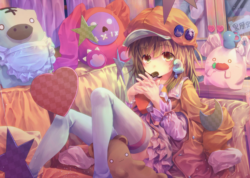 :3 badge bakemonogatari brown_hair bunny buttons cabbie_hat carrot checkered chocolate crescent cupboard dress frilled_skirt green_eyes hair_ornament hands_clasped hat jacket_over_shoulder looking_at_viewer lying mikkii monogatari_(series) mouse mouth_hold nisemonogatari o_o on_back sengoku_nadeko sleeves_rolled_up snake solo star string stuffed_animal stuffed_toy table teddy_bear thigh-highs thighhighs valentine white_legwear zettai_ryouiki