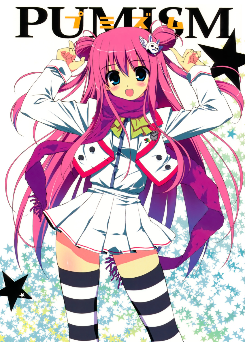 1girl :d absurdres arms_up blue_eyes blush character_request copyright_request cover cover_page double_bun fumio fumio_(ura_fmo) hair_ornament highres long_hair looking_at_viewer open_mouth pink_hair pleated_skirt scarf skirt smile solo star striped striped_legwear striped_thighhighs thigh-highs thighhighs very_long_hair zettai_ryouiki