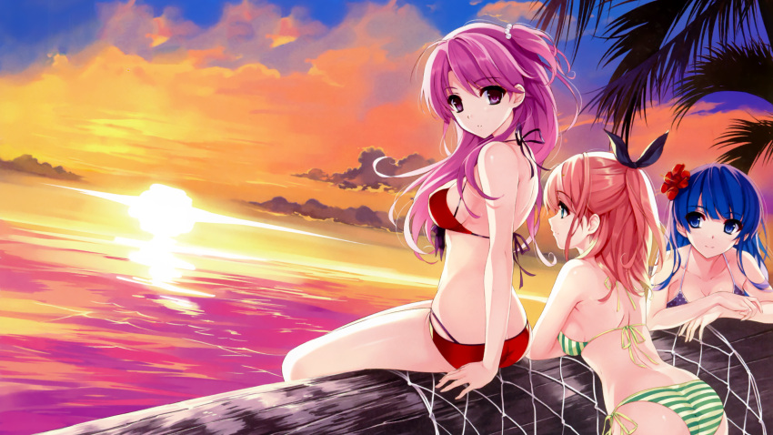 3girls beach bikini dengeki_moeoh misaki_kurehito original sunset swimsuit
