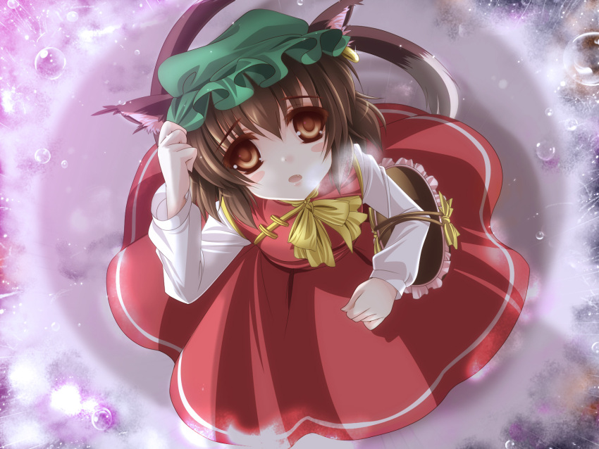animal_ears bag basket blush blush_stickers bow breath brown_eyes brown_hair bubble cat_ears cat_tail chen dress earring earrings fang from_above hat highres holding holding_hat jewelry looking_up moneti_(daifuku) open_mouth ribbon short_hair solo tail touhou water_droplets