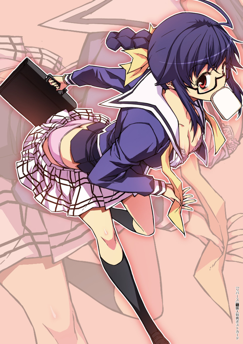 bent_over black_legwear blue_hair bra braid breasts cleavage glasses highres kneehighs lace_bra lingerie long_hair mouth_hold open_clothes open_shirt panties pink_bra pink_panties plaid plaid_skirt pleated_skirt re:birth_-_the_lunatic_taker rebirth_the_lunatic_taker red_eyes running school_briefcase school_uniform serafuku skirt skirt_pull soo-hyon_lee tachibana_ayaka toast toast_in_mouth underwear zoom_layer