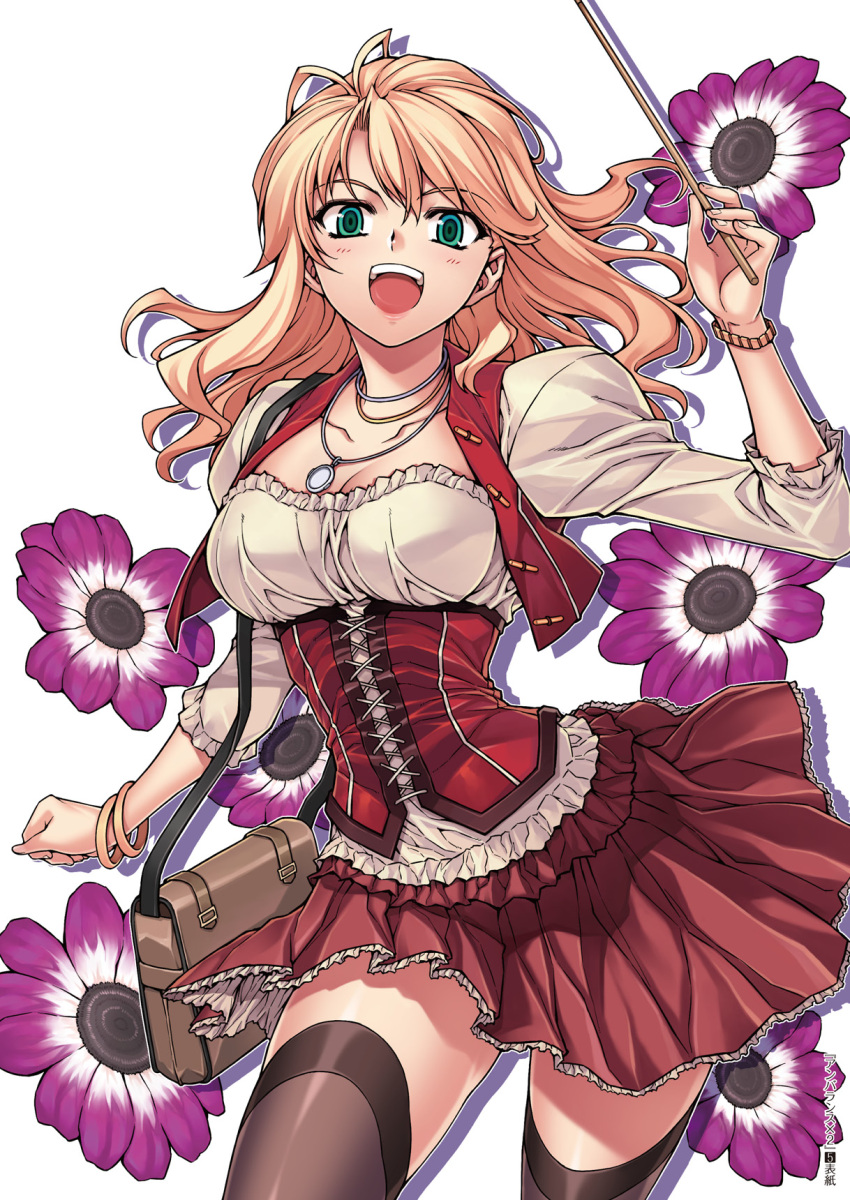 :d bag black_legwear blonde_hair breasts caroline cleavage corset flower frilled_skirt green_eyes highres jewelry lee_soo-hyon long_hair necklace open_mouth pointer puffy_sleeves purse smile solo soo-hyon_lee thigh-highs thighhighs unbalance_unbalance unbalance_x_unbalance wand watch wristwatch