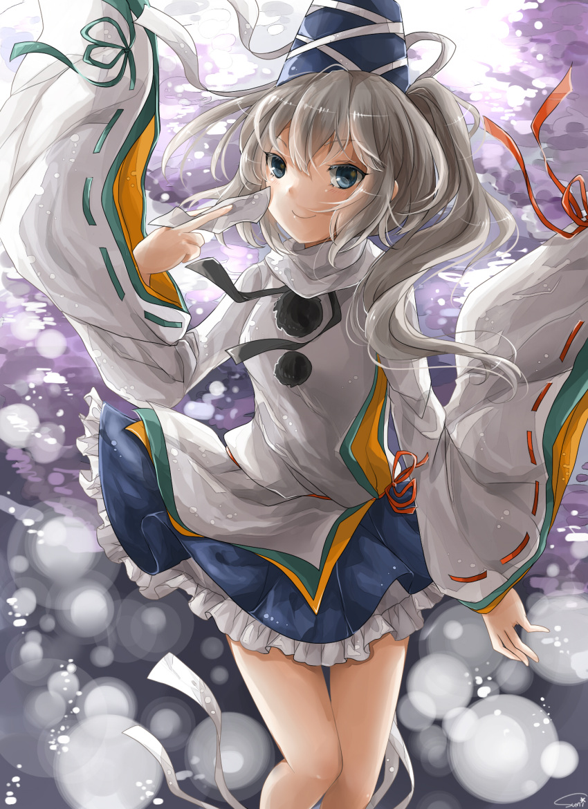 bad_id blue_eyes colored_eyelashes eyelashes hat hat_ribbon highres japanese_clothes kariginu long_sleeves mononobe_no_futo ponytail ribbon shirt silver_hair skirt smile solo sumi_mi touhou wide_sleeves