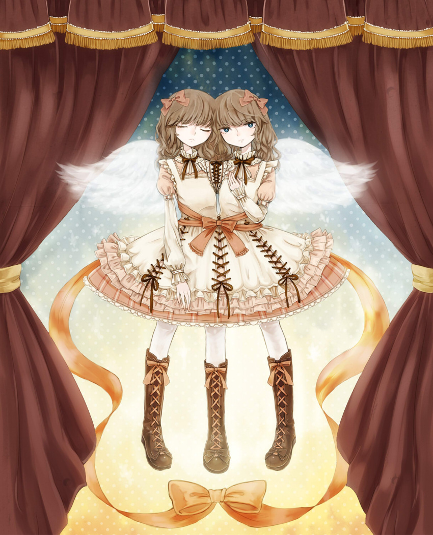 blue_eyes boots bow brown_hair conjoined curtains dress hair_bow highres kinuyo_(kinuxi) long_hair multiple_girls multiple_legs original siamese_twins siblings sisters three_legs twins winds wings