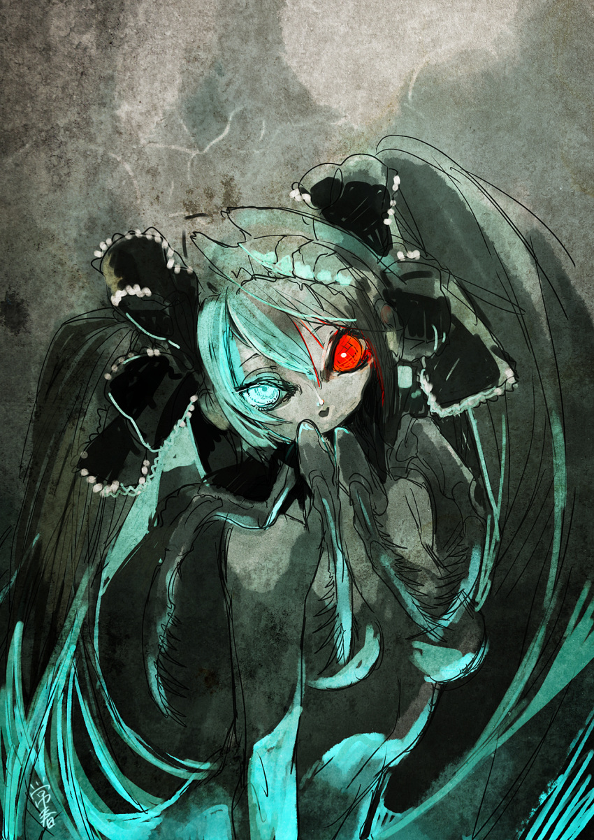 aqua_eyes aqua_hair bad_id bow breasts calne_ca creepy crustacean gidaraku hair_bow hair_ribbon heterochromia highres insect insect_girl isopod looking_at_viewer mandibles monster_girl nude red_eyes ribbon saikin_osen_-_bacterial_contamination_-_(vocaloid) twintails vocaloid