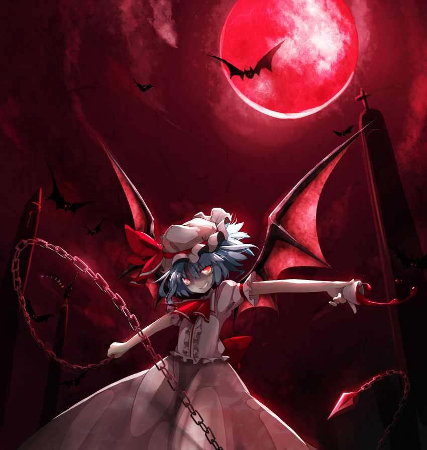 2girls bat bat_wings blood blue_hair chain chains cup flandre_scarlet full_moon grin hat highres moon multiple_girls night red_eyes red_moon remilia_scarlet rokusai short_hair smile solo the_embodiment_of_scarlet_devil touhou wings