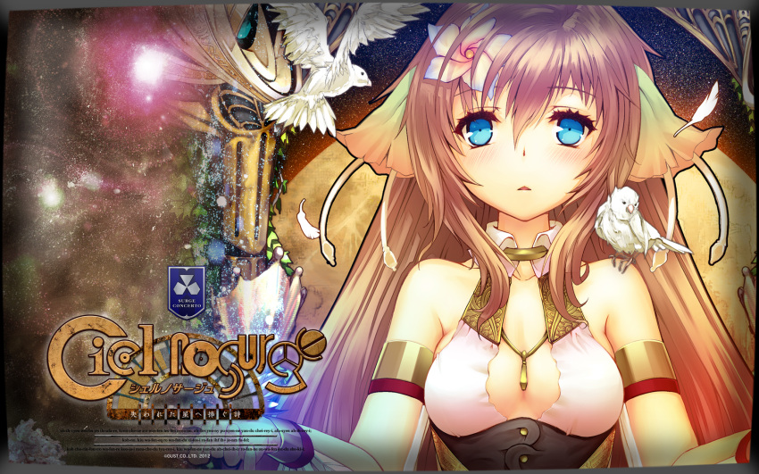 :&lt; armlet bare_shoulders bird blue_eyes blush breasts brown_hair bust ciel_nosurge cleavage dove feathers flower gust hair_flower hair_ornament highres ionasol jewelry long_hair necklace ntny scan solo surge_concerto