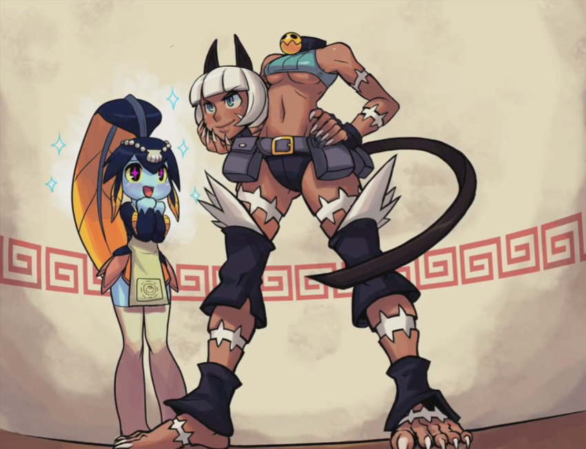 &gt;:) alex_ahad animal_ears apron aqua_eyes bangs bare_shoulders barefoot blunt_bangs bob_cut breasts cat_ears cat_tail character_request crop_top dark_skin from_below hand_on_hip hips midriff minette_(skullgirls) multiple_girls nadia_fortune navel official_art scar severed_head short_hair skullgirls sparkle standing tail thighhighs toes underboob white_hair