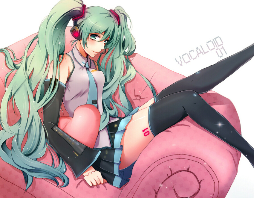 bad_id couch cushion detached_sleeves green_eyes green_hair hatsune_miku headset heart komoro long_hair necktie sitting skirt solo thigh-highs thighhighs twintails very_long_hair vocaloid