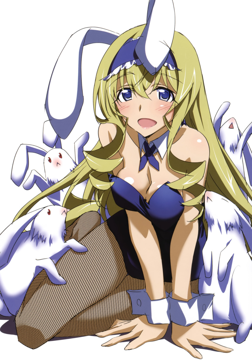 :&lt; absurdres animal_ears arm_support artist_request blush breasts bunny bunny_ears bunny_girl bunnysuit cecilia_alcott cleavage detached_collar doujinshi drill_hair fishnet_pantyhose fishnets headband headdress highres infinite_stratos kurashima_tomoyasu looking_at_viewer no_shoes open_mouth pantyhose rabbit solo wrist_cuffs