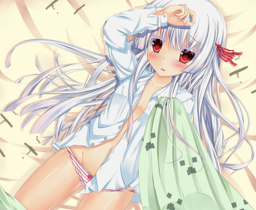 animal_ears bed blanket blush character_request colored_eyelashes creeper eyelashes fujieda_uzuki ghast highres long_hair lying minecraft mound_of_venus navel no_pants on_back open_clothes open_mouth open_shirt panties personification red_eyes silver_hair solo striped striped_panties tears underwear