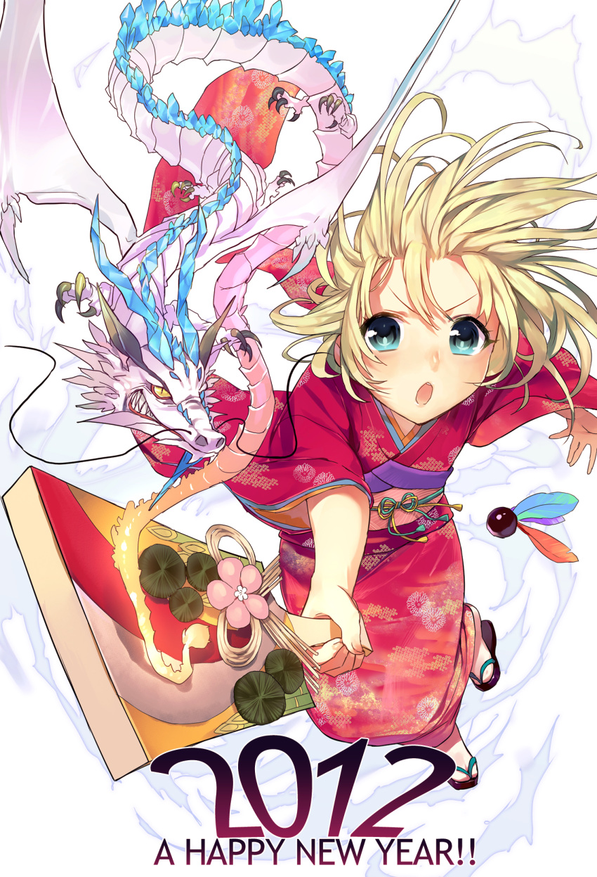 &gt;:o 2012 aqua_eyes ball blonde_hair claws clog_sandals dragon eastern_dragon english hagoita highres holding horns japanese_clothes kimono looking_at_another new_year obi open_mouth original paddle patterned perspective sharp_teeth short_hair solo tabi takekono tassel wide_sleeves yellow_eyes