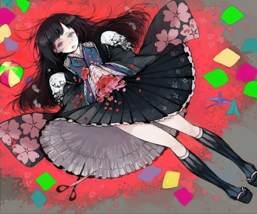 angel_wings argyle argyle_legwear bangs black_hair blue_eyes blue_legwear floral_print flower frills gathers geta hands_clasped japanese_clothes kimono kimono_skirt kneehighs lips long_hair long_sleeves lying nekosuke_(oxo) on_back origami original paper_crane petals red_rose rose rose_petals scissors skirt solo tears white_wings wide_sleeves wings