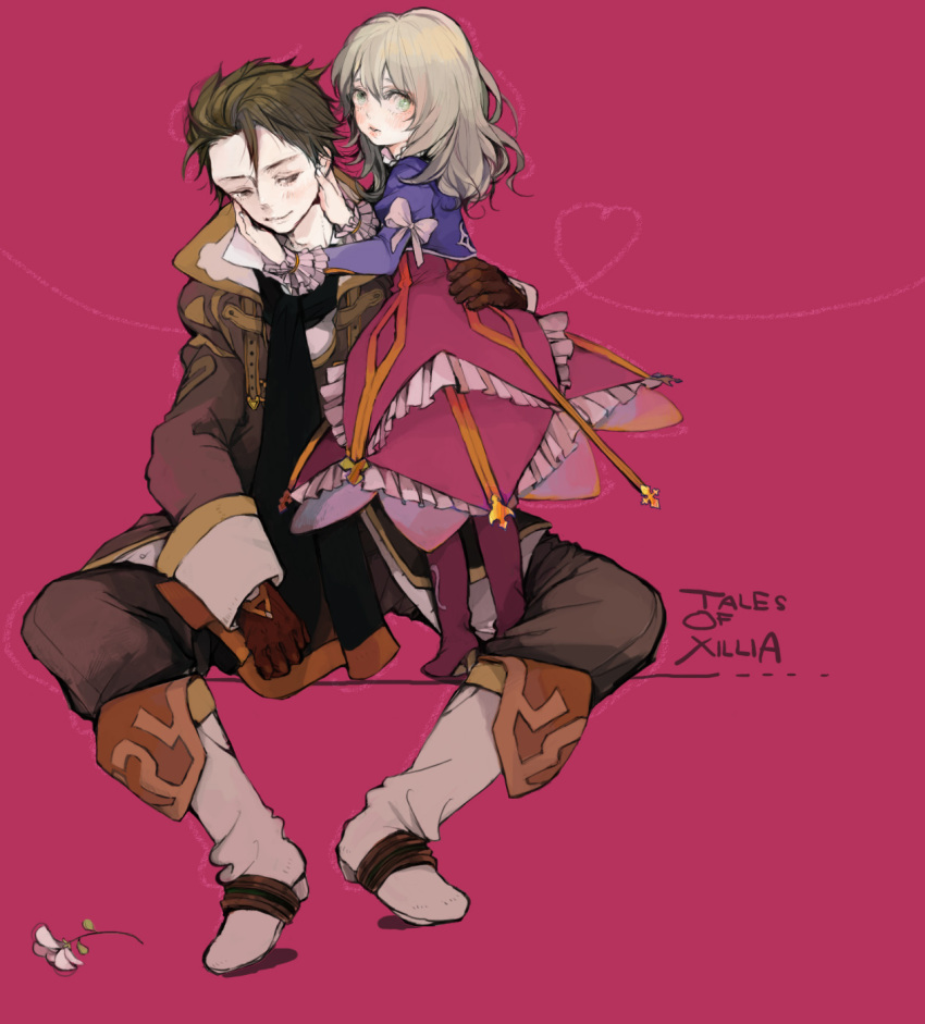 1girl alvin_(tales_of_xillia) blonde_hair bolero boots bow brown_eyes brown_hair child cropped_jacket dress elise_lutus flower frills gloves green_eyes hand_on_waist hands_on_another's_cheeks hands_on_another's_face hands_on_another's_cheeks hands_on_another's_face heart high_heels highres jacket lips long_sleeves looking_at_viewer nekosuke_(oxo) pink_background purple_dress shoes short_hair simple_background sitting standing tales_of_(series) tales_of_xillia text title_drop wrist_cuffs