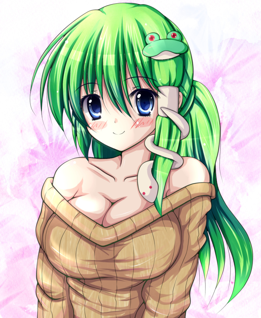 bare_shoulders blue_eyes blush breasts bust cleavage collarbone frog green_hair hair_ornament highres kaima kochiya_sanae large_breasts long_hair naked_sweater no_bra off_shoulder pullover ribbed_sweater smile snake solo sweater touhou