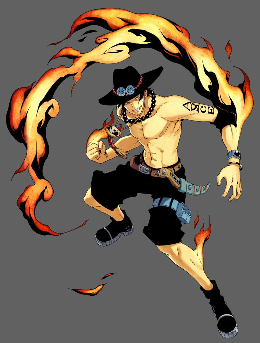 abs belt black_eyes black_hair boots cowboy_hat fire flame freckles hat highres jewelry knife male momo_moto muscle necklace one_piece portgas_d_ace sad_face shirtless shorts simple_background smile smiley_face solo tattoo topless weapon