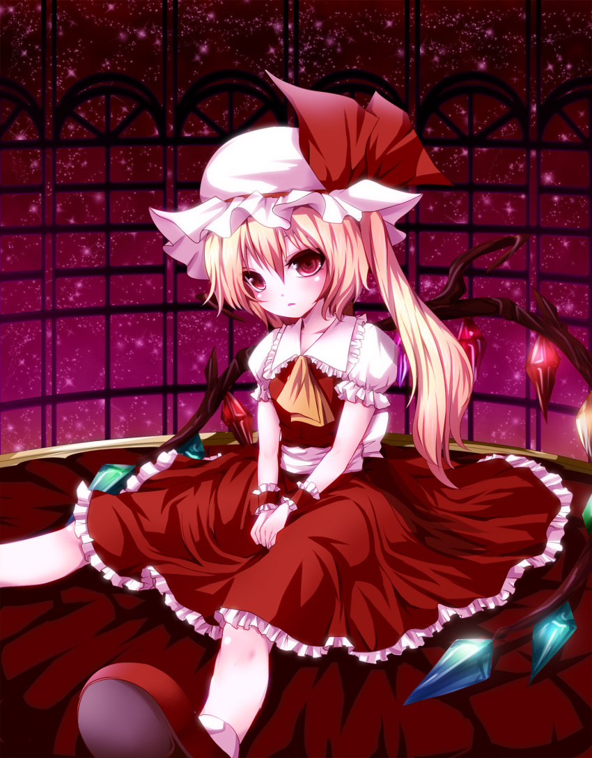 :o akira_b ankle_socks ascot blonde_hair bobby_socks bow dress flandre_scarlet foreshortening frills hands_on_lap hands_together hat highres looking_at_viewer open_mouth red_background red_eyes sash shoes short_hair short_sleeves side_ponytail sky socks solo star_(sky) starry_sky the_embodiment_of_scarlet_devil touhou window wings wrist_cuffs