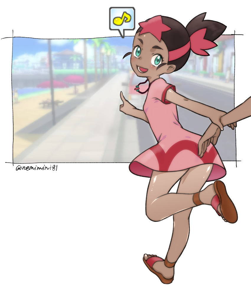 1boy 1girl absurdres blush brown_hair commentary_request dark-skinned_female dark-skinned_male dark_skin dress eyelashes green_eyes highres holding_another's_wrist jewelry leg_up looking_back lower_teeth mimo_(pokemon) musical_note necklace nemimini open_mouth pink_dress pointing pokemon pokemon_(anime) pokemon_sm_(anime) red_footwear redhead sandals shiny shiny_skin short_hair short_sleeves spoken_musical_note standing standing_on_one_leg teeth tongue