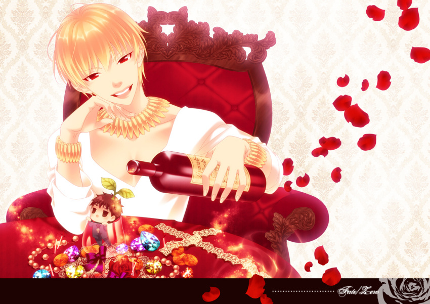 blonde_hair bottle bracelet brown_eyes brown_hair chibi couch cross cup fate/zero fate_(series) gem gilgamesh goldenslumbers jewelry kotomine_kirei male multiple_boys necklace pearl petals plant_on_head red_eyes wine wine_glass