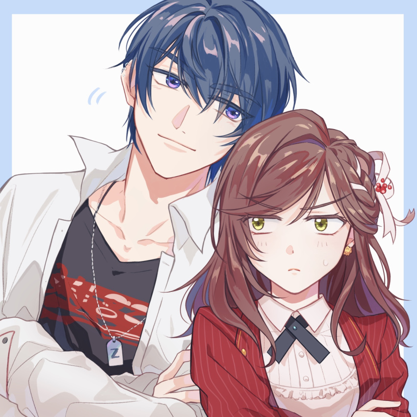 1boy 1girl :&lt; bangs black_shirt blue_border border brown_hair closed_mouth crossed_arms dog_tags earrings green_eyes hair_between_eyes hair_ornament highres jacket jewelry long_hair long_sleeves marius_von_hagen_(tears_of_themis) nacloooo pink_shirt polo_shirt purple_hair red_jacket rosa_(tears_of_themis) shirt short_hair simple_background smile tears_of_themis v-shaped_eyebrows violet_eyes white_background white_jacket