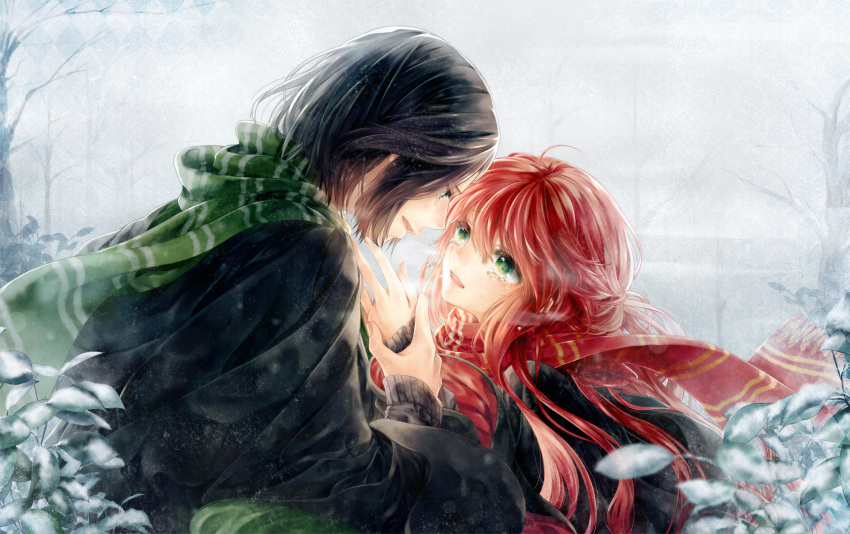 1girl ahoge bangs black_hair eye_contact green_eyes hands harry_potter highres leaf lily_evans long_hair long_sleeves looking_at_another meiriel reaching red_hair redhead robe scarf school_uniform severus_snape short_hair snow striped striped_scarf tears tree winter winter_clothes wrist_grab young
