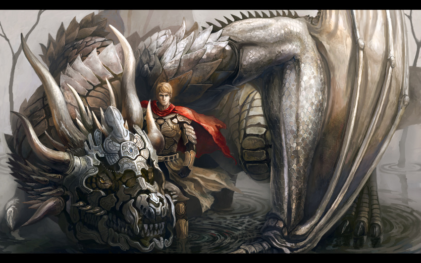 barding blonde_hair blue_eyes cape dragon full_armor gauntlets highres horns knight original sanohi_(coffret) short_hair wings