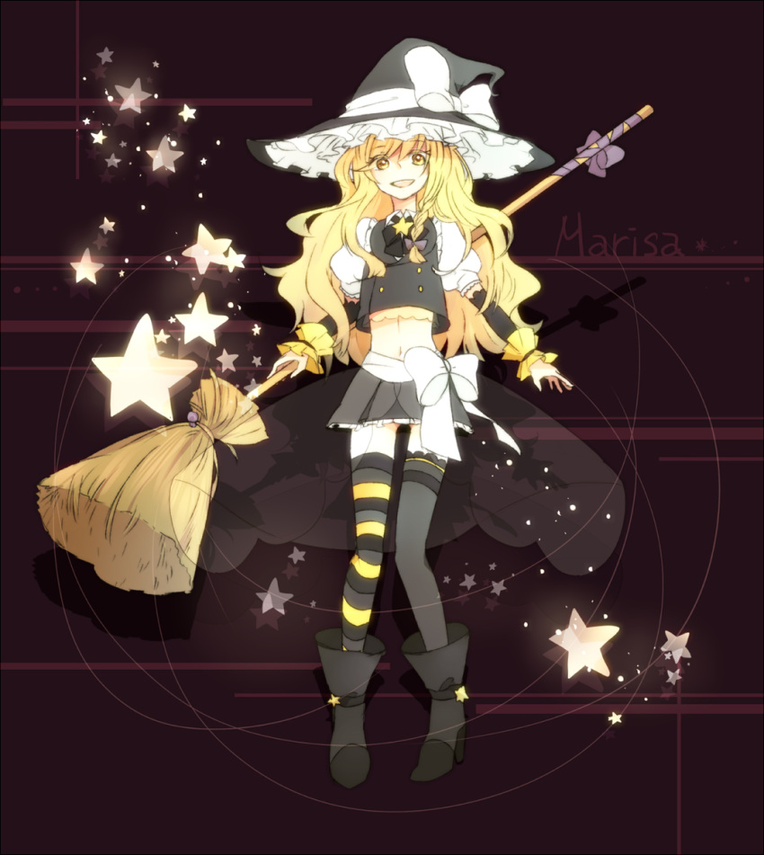adapted_costume bad_id black_legwear blonde_hair boots broom character_name detached_sleeves hat high_heels highres kirisame_marisa long_hair looking_at_viewer midriff miniskirt mismatched_legwear navel puffy_sleeves shoes skirt smile sofy solo star striped striped_legwear thigh-highs thighhighs touhou witch witch_hat wrist_cuffs yellow_eyes zettai_ryouiki