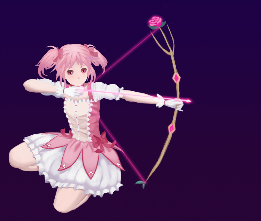 1girl ari_rein arrow bow bow_(weapon) bubble_skirt flower gloves highres jumping kaname_madoka magical_girl mahou_shoujo_madoka_magica pink_eyes pink_hair ribbon rose simple_background solo squatting weapon
