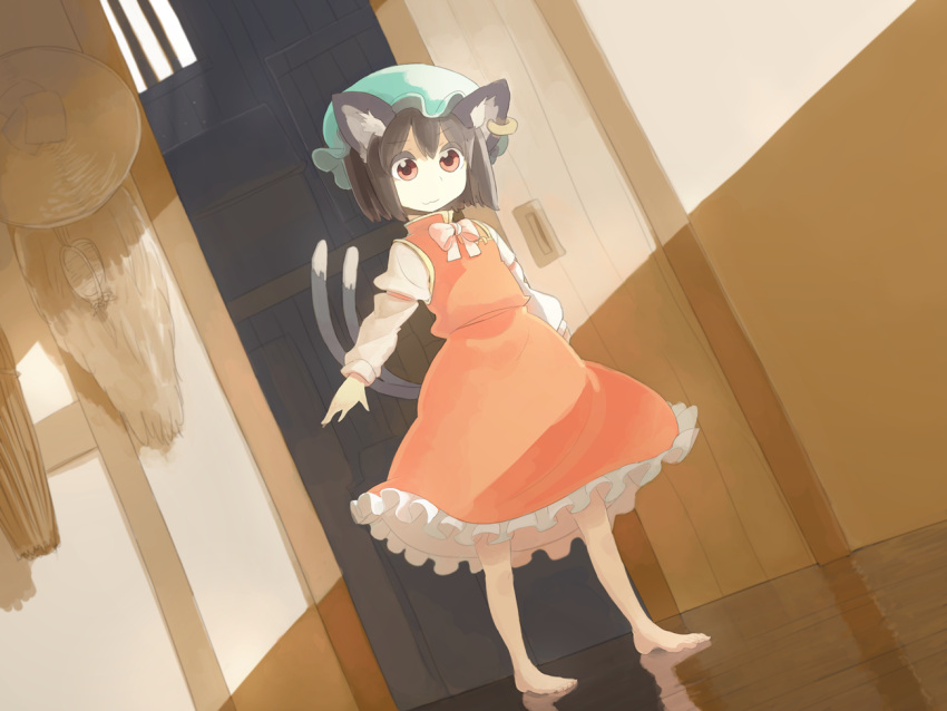 :3 animal_ears barefoot bow brown_eyes brown_hair cat_ears cat_tail chen child earrings eyebrows figua hat jewelry juraki_hakuaki multiple_tails red_eyes reflection short_hair solo standing tail touhou