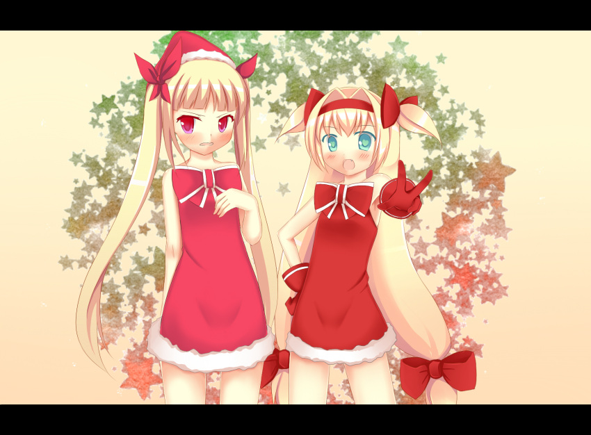 arm_behind_back bare_legs bare_shoulders blazblue blonde_hair blush border christmas flat_chest gloves godharo1 green_eyes hair_ribbon hand_on_hip hat heart heart-shaped_pupils highres hips letterboxed long_hair looking_away low-tied_long_hair multiple_girls open_mouth platinum_the_trinity quad_tails rachel_alucard red_eyes red_gloves ribbon santa_hat symbol-shaped_pupils v very_long_hair