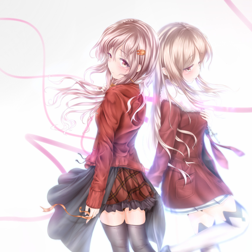 bangs black_legwear boots brown_hair coat cross flower frills from_behind fur_trim guilty_crown hair_flower hair_ornament hairclip hand_on_own_chest highres jacket jewelry long_hair looking_at_viewer looking_back low_twintails multiple_girls necklace ouma_mana pink_eyes pink_hair plaid plaid_skirt ribbon skirt spoilers thigh-highs thigh_boots thighhighs twintails white_legwear wingheart winter_clothes yuzuriha_inori