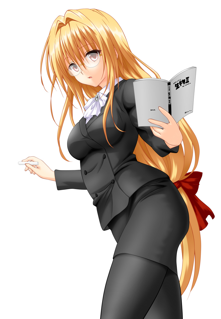 absurdres blonde_hair book brown_eyes business_suit chalk glasses hair_intakes highres leaning_forward long_hair looking_at_viewer open_book open_mouth pantyhose solo tearju_lunatique thigh-highs thighhighs to_love-ru to_love-ru_darkness to_love_ru transparent_background transparent_png vector_trace