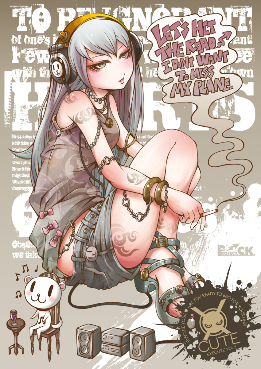 :3 blush bracelet cigarette cup english headphones high_heels highres jewelry long_hair musical_note open_mouth original project.c.k. shoes shorts smoke solo speaker tattoo wine_glass