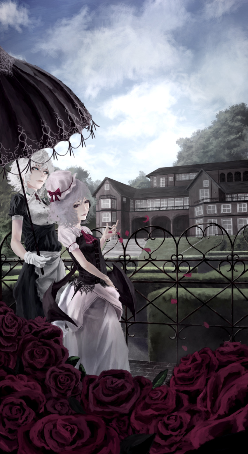 akaikitsune ascot bad_id bat_wings black_dress blue_eyes blue_sky braid cloud dress fence flower gloves hair_ribbon hat hat_ribbon highres izayoi_sakuya maid multiple_girls parasol petals red_eyes red_rose remilia_scarlet ribbon rose scarlet_devil_mansion shirt silver_hair skirt sky touhou tree twin_braids umbrella white_gloves wings