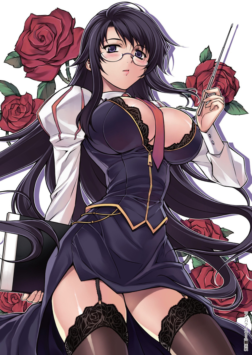 black_bra black_legwear blush bra breasts cleavage flower garter_straps glasses hae-young_na highres lace lace-trimmed_thighhighs large_breasts lingerie lips long_hair necktie pointer puffy_sleeves purple_eyes purple_hair rose skirt solo soo-hyon_lee thigh-highs thighhighs thighs unbalance_unbalance unbalance_x_unbalance underwear unzipped violet_eyes
