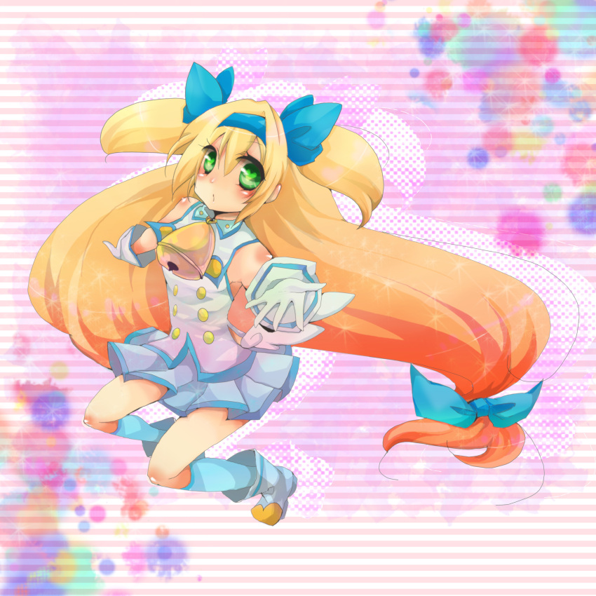 absurdres bell blazblue blonde_hair blue_legwear blush gloves green_eyes hair_ribbon hairband heart heart-shaped_pupils highres kneehighs long_hair looking_at_viewer low-tied_long_hair magical_girl platinum_the_trinity quad_tails ribbon skirt solo symbol-shaped_pupils twintails two_side_up very_long_hair white_gloves