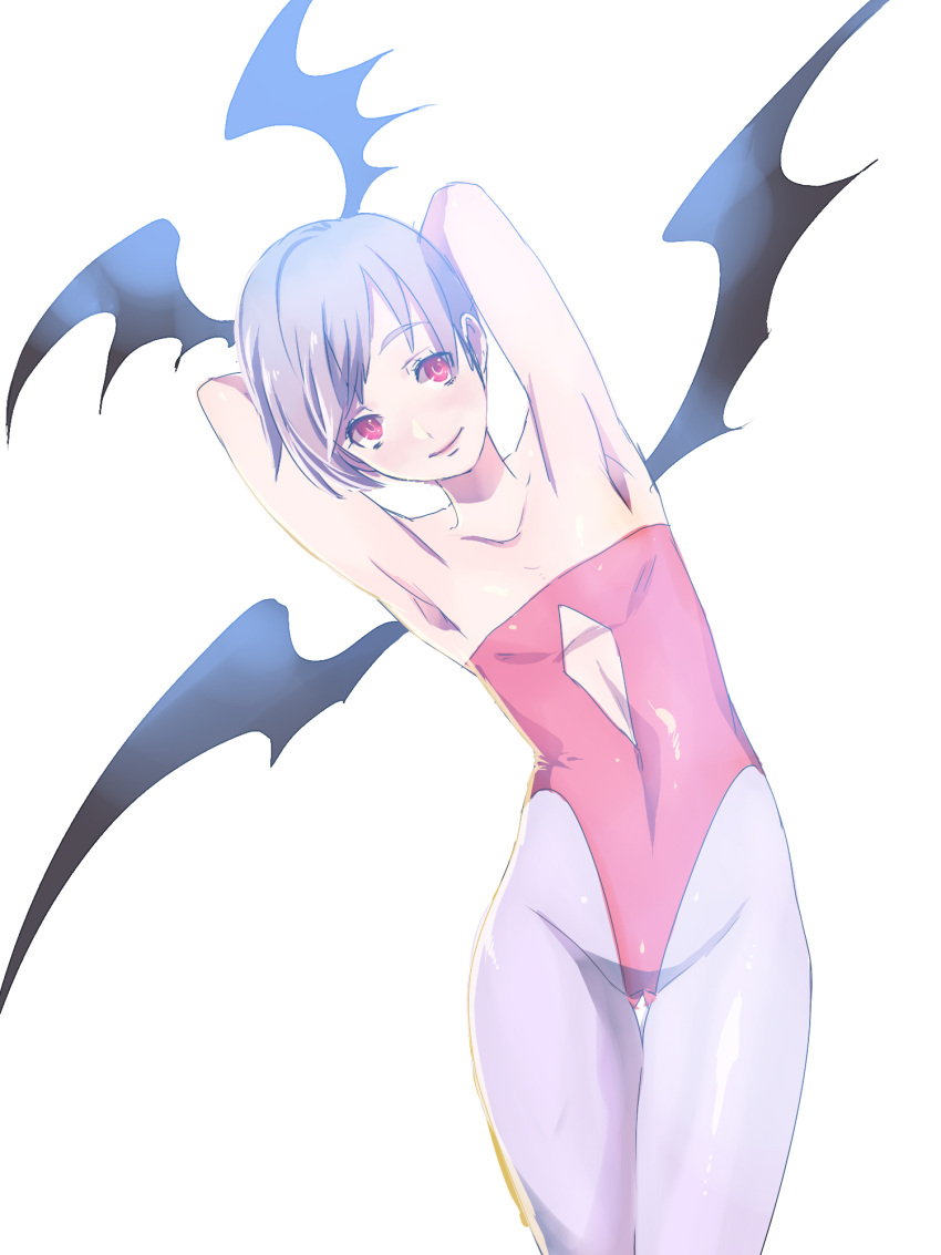 armpits arms_behind_head arms_up capcom collarbone demon_girl demon_wings female flat_chest head_wings highres katotepe katou_teppei leotard light_smile lilith_aensland pantyhose purple_hair red_eyes short_hair simple_background solo succubus thigh_gap thighs vampire_(game) wings