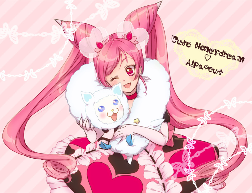 character_name creature cure_honey_dream double_bun dress frills galibo gloves long_hair magical_girl original original_precure pink_background pink_eyes pink_hair precure smile solo twintails wink