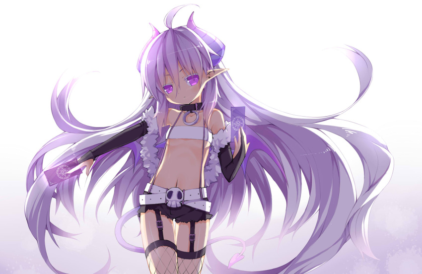 ahoge bare_shoulders belt breasts bridal_gauntlets card collar demon_tail fishnet_legwear fishnet_stockings fishnets garter_straps highres horns legwear long_hair looking_at_viewer mofetousu_furuna navel original pointy_ears purple_eyes purple_hair saru short_shorts shorts simple_background skull solo suspenders tail thigh-highs thighhighs tubetop under_boob underboob very_long_hair violet_eyes