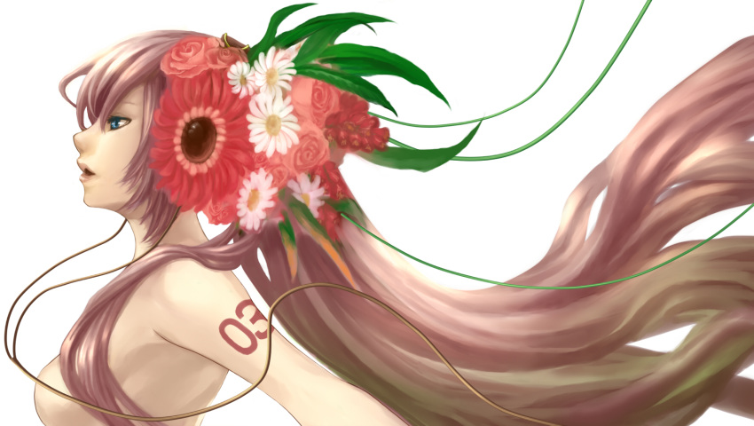 blue_eyes breasts flower headphones highres lips long_hair megurine_luka no_nipples nude pink_hair profile snail8 solo very_long_hair vocaloid white_background