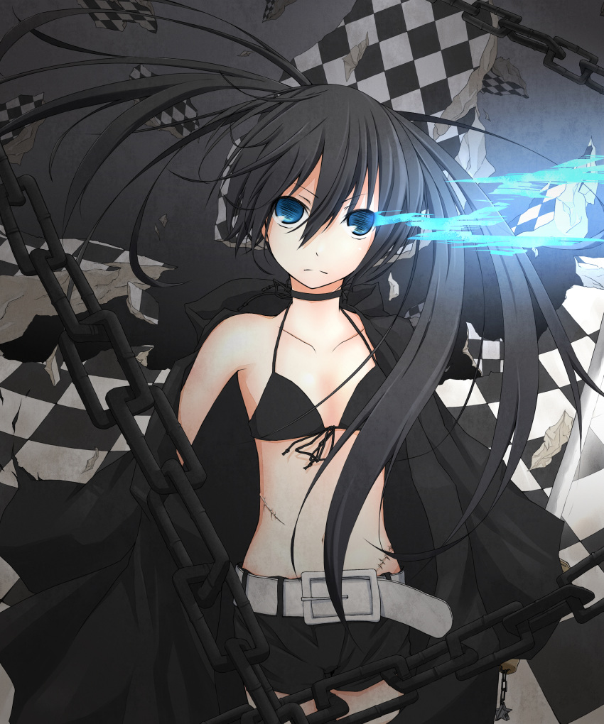 absurdres belt bikini_top black_hair black_rock_shooter black_rock_shooter_(character) blue_eyes chain chains checkered coat glowing glowing_eyes highres long_hair looking_at_viewer midriff moimoi0224 navel scar short_shorts shorts solo twintails