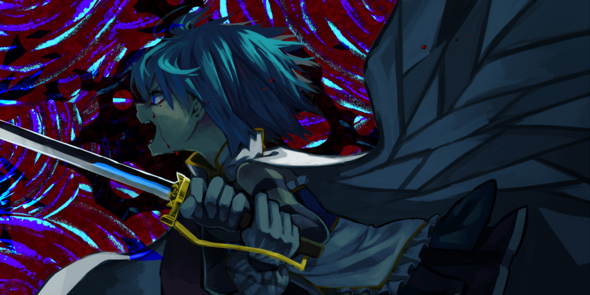 armband bad_id blood bloody_tears blue_eyes blue_hair cape gloves highres magical_girl mahou_shoujo_madoka_magica miki_sayaka negito_kimidori open_mouth short_hair solo sword weapon witch's_labyrinth witch's_labyrinth