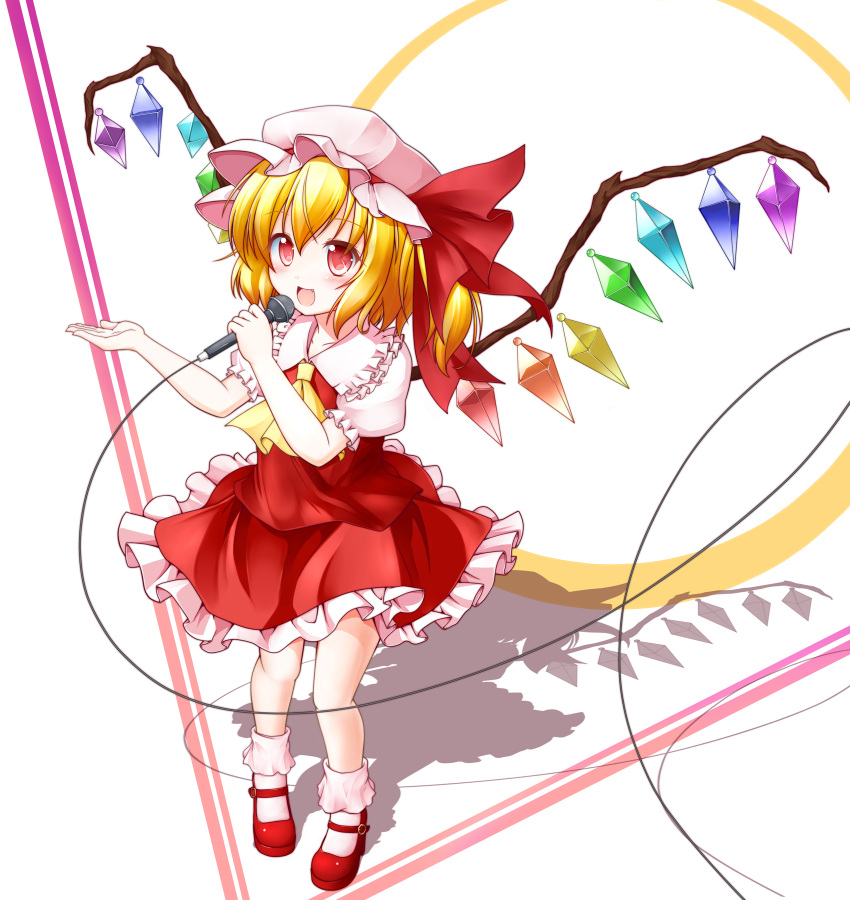 aka_tawashi ankle_socks arm_up ascot blonde_hair blush bobby_socks bow dress fang flandre_scarlet frills hat highres looking_away mary_janes microphone open_hand open_mouth puffy_sleeves red_eyes shadow shirt shoes short_hair short_sleeves side_ponytail singing skirt skirt_set smile socks solo striped striped_background the_embodiment_of_scarlet_devil touhou wings