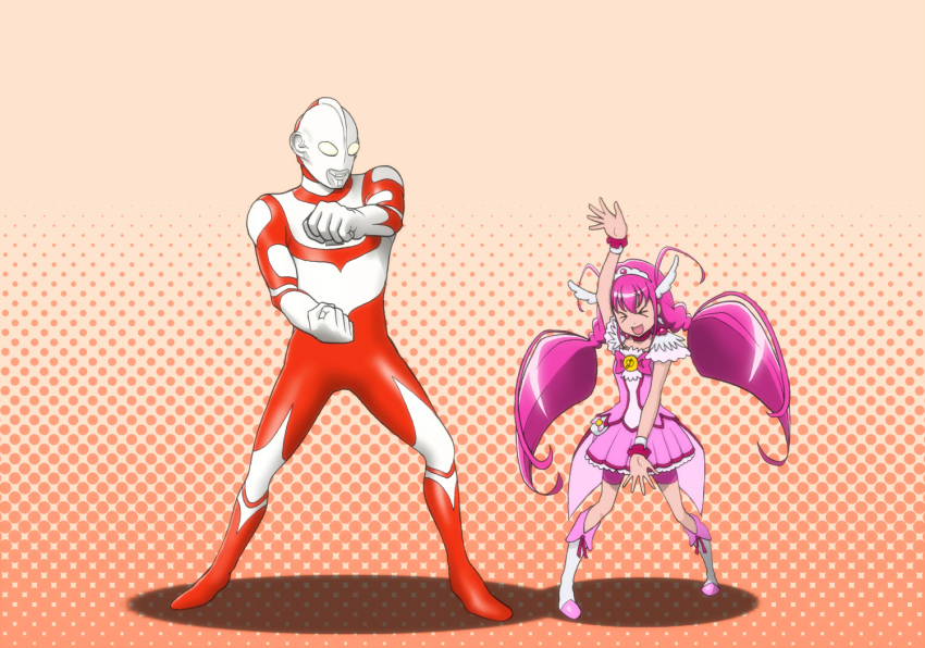 &gt;_&lt; 1boy 1girl :d closed_eyes crossover cure_happy halftone halftone_background height_difference hoshizora_miyuki kijinaka_mahiro magical_girl open_mouth pink_hair pose precure smile smile_precure! tiara twintails ultra_series ultraman:_towards_the_future ultraman_great xd